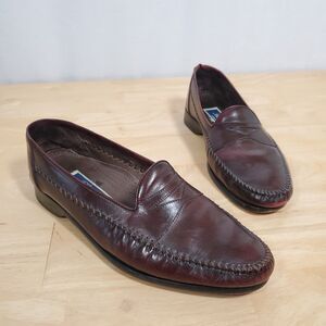Bragano Cherry Brown Penny Loafers Mens Sz 8.5 Italy Cross Stitch Moc Dress Shoe